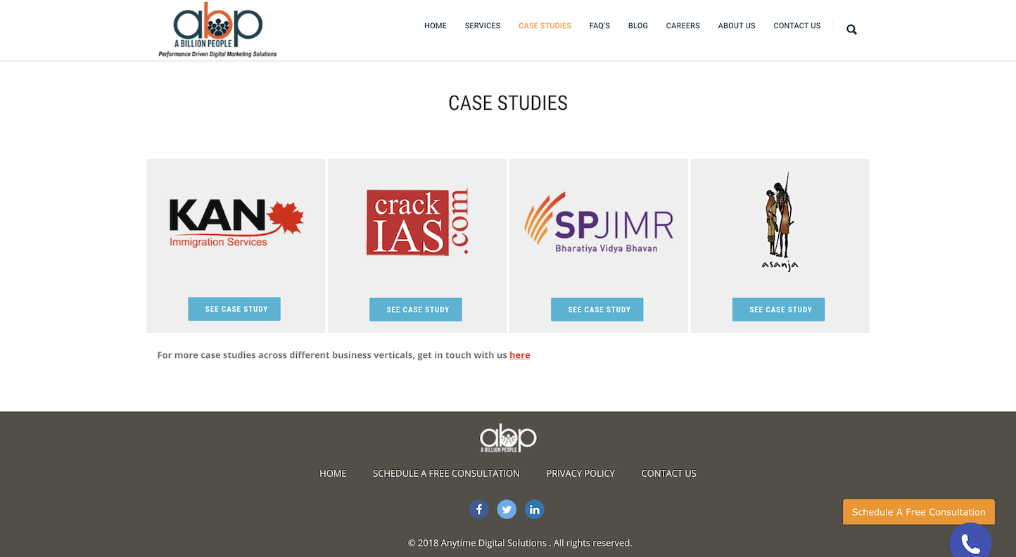 Screenshot of the Case Studies page from the A Billion People website.