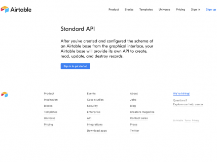 Screenshot of the API page from the Airtable website.