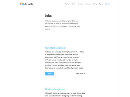 Screenshot of the Jobs page from the Airtable website.