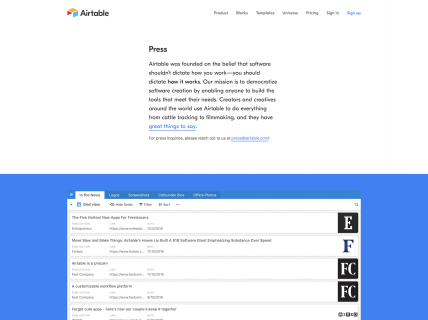 Screenshot of the Press page from the Airtable website.