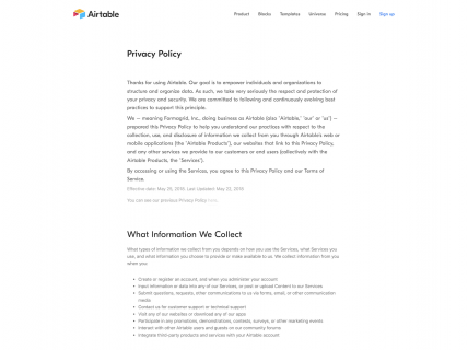 Screenshot of the Privacy page from the Airtable website.