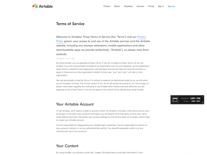 Screenshot of the Terms of Service (ToS) page from the Airtable website.