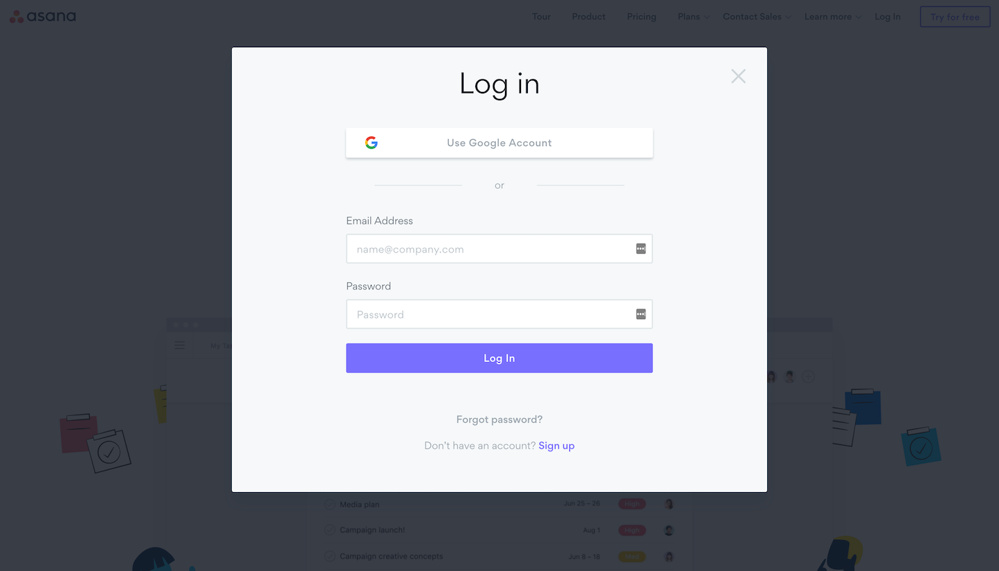 Screenshot of the Login page from the Asana website.