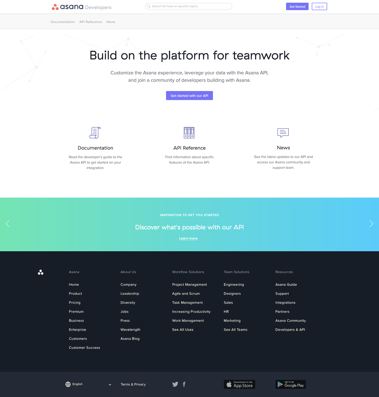 Screenshot of the Developers page from the Asana website.