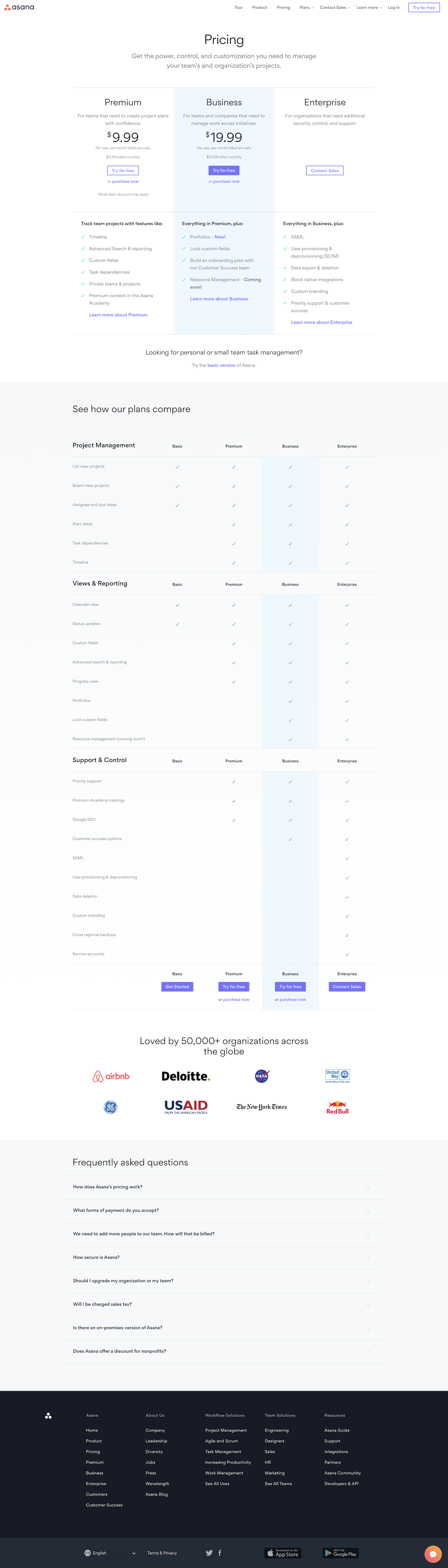 Screenshot of the Pricing page from the Asana website.
