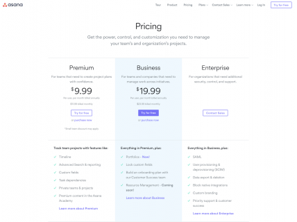 Screenshot of the Pricing page from the Asana website.