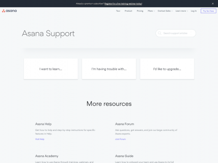 Screenshot of the Support page from the Asana website.