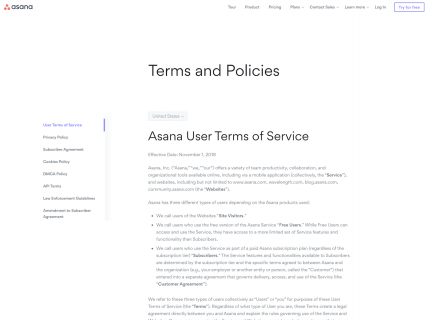screenshot of the asana terms of service page
