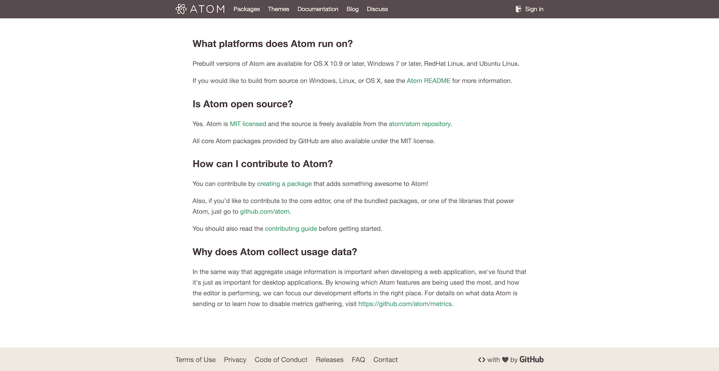 Screenshot of the FAQ page from the Atom Text Editor website.