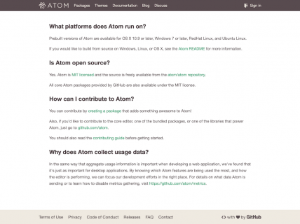 Screenshot of the FAQ page from the Atom Text Editor website.