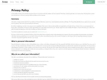 a screenshot of the privacy policy page for Avenue