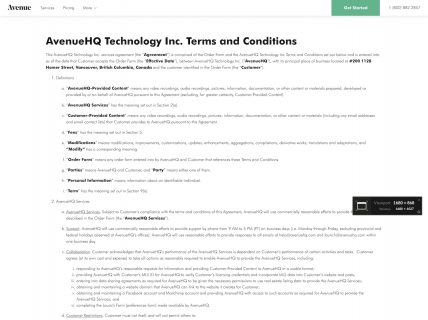 Screenshot of the Terms & Conditions page from the Avenue website.