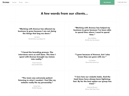 a screenshot of the testimonials page for Avenue