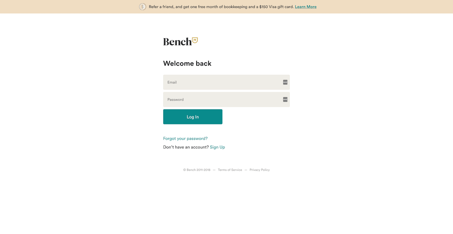 Screenshot of the Login page from the Bench website.