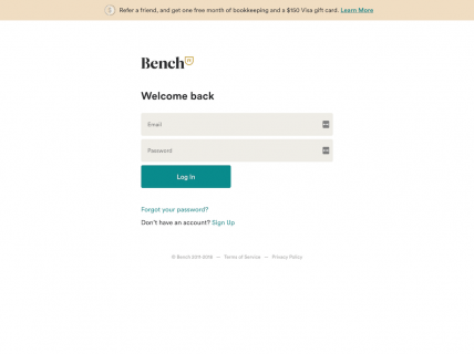 Screenshot of the Login page from the Bench website.