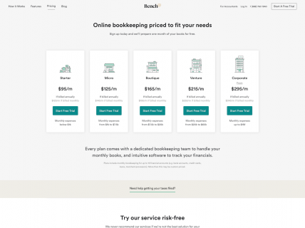 Screenshot of the Pricing page from the Bench website.