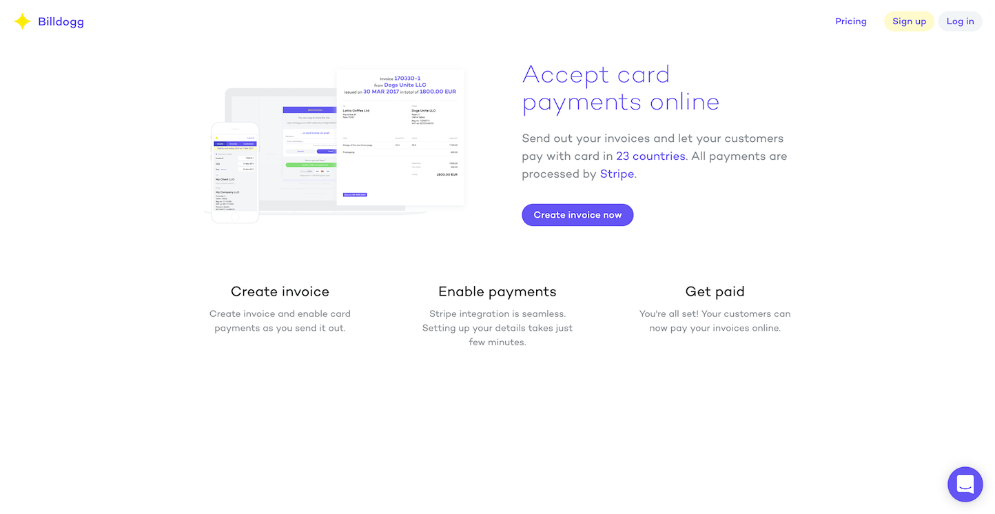 Screenshot of the Accept Credit Card Payments page from the Bill Dogg website.