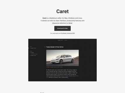 Screenshot of the Home page from the Caret website.
