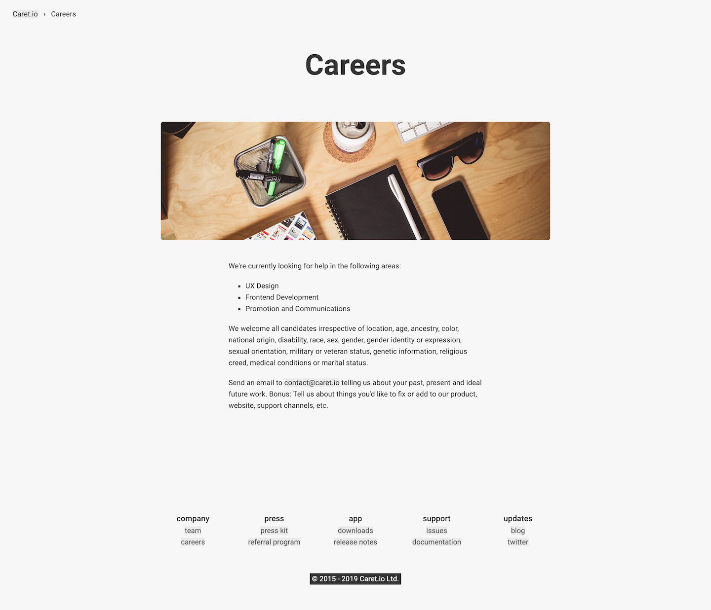 Screenshot of the Careers page from the Caret website.
