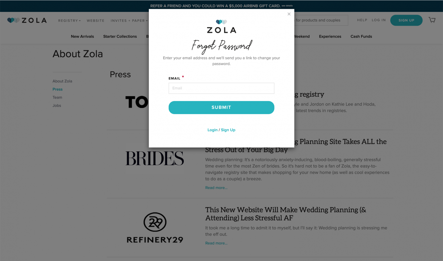 Screenshot of the Forgot Password page from the Zola website.