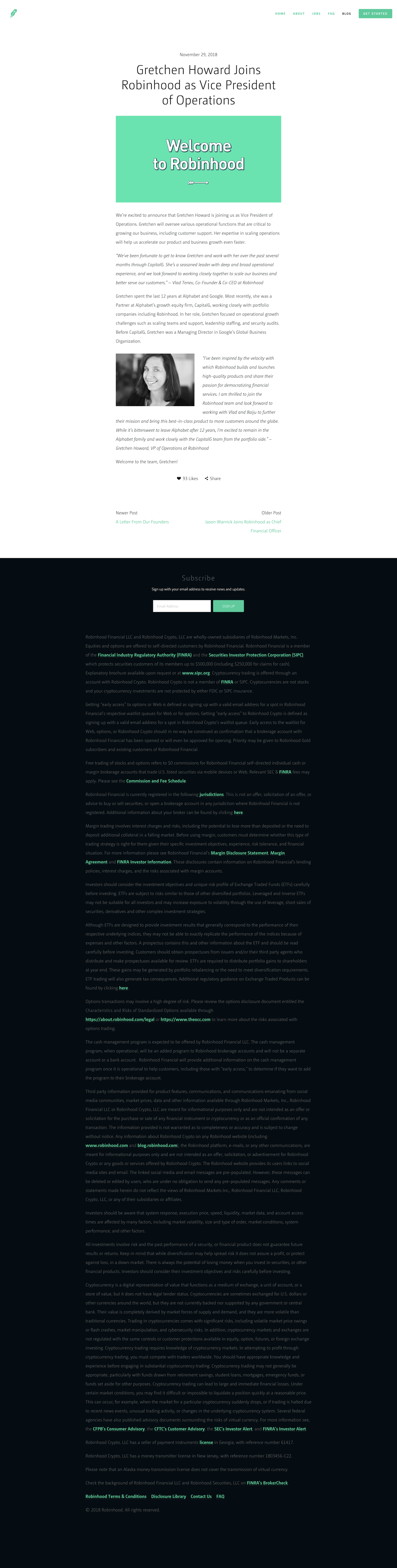 Screenshot of the Blog - Article page from the Robinhood website.