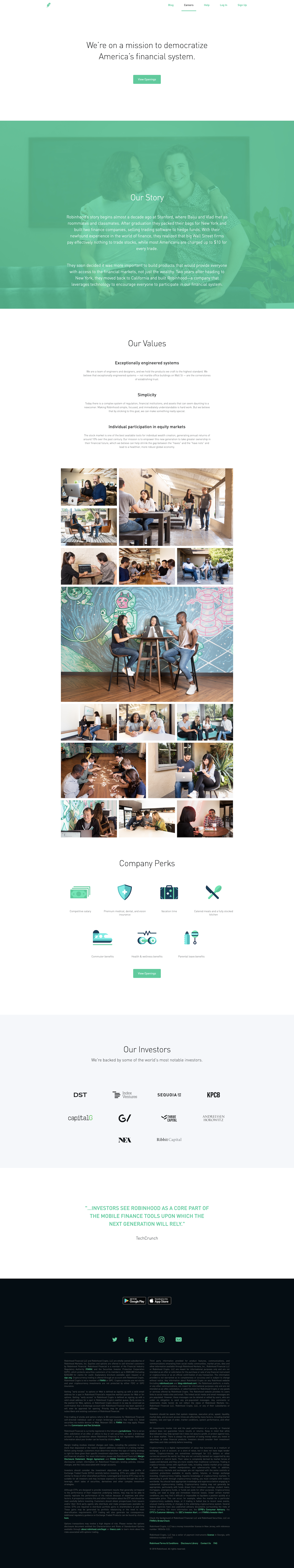 Screenshot of the Careers - Main page from the Robinhood website.