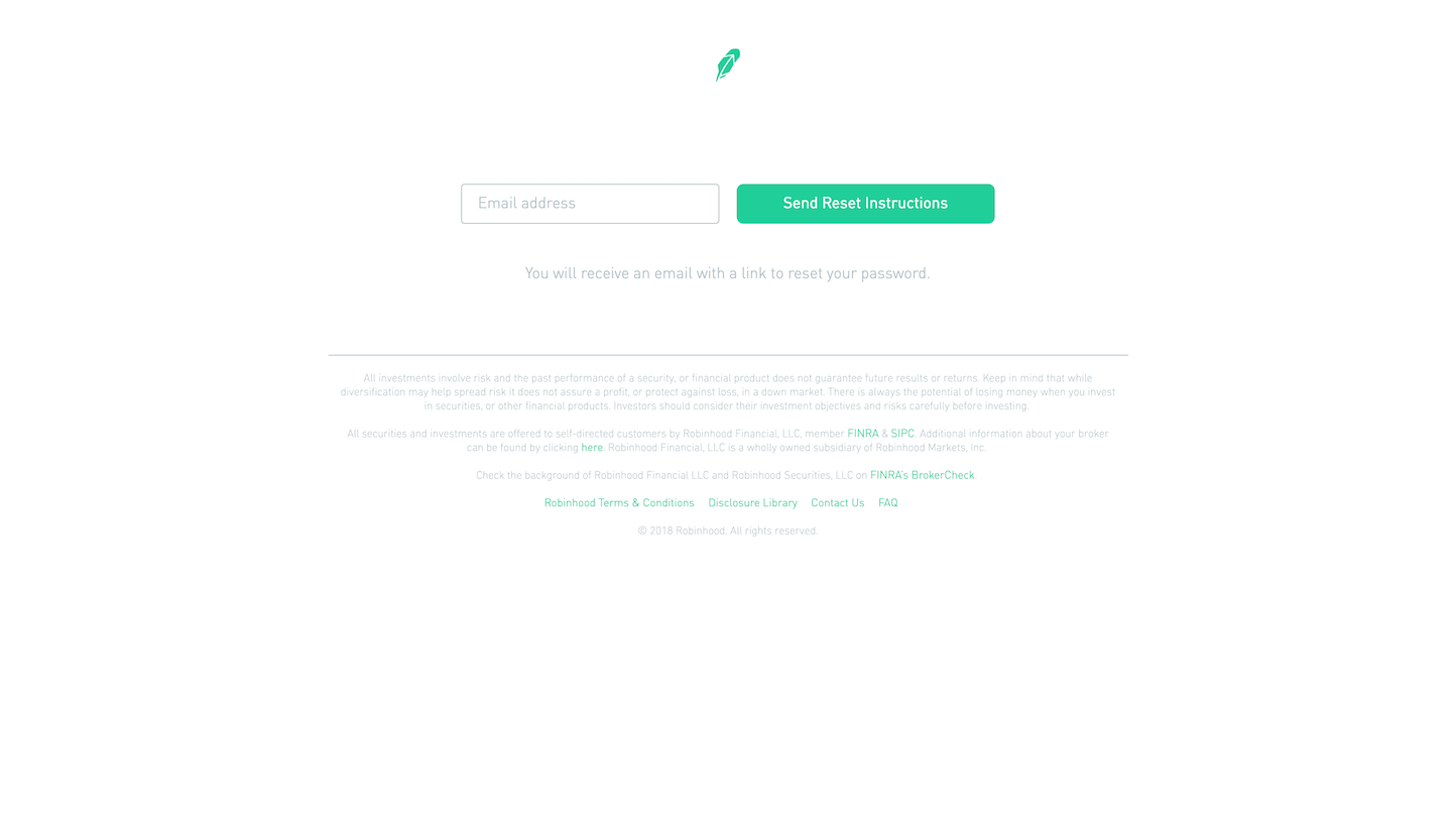Screenshot of the Forgot Password page from the Robinhood website.