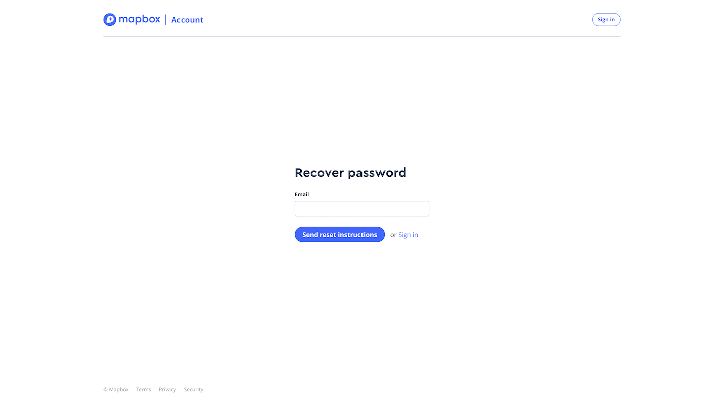 Screenshot of the Recover Password page from the Mapbox website.