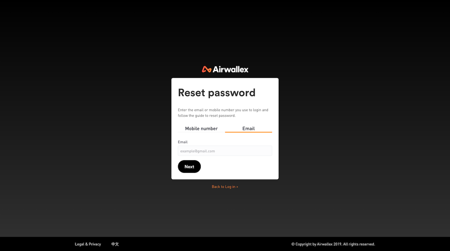 Screenshot of the Forgot Password page from the Airwallex website.