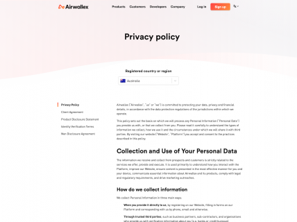 Screenshot of the Privacy Policy page from the Airwallex website.