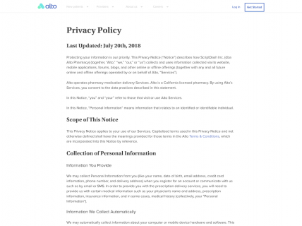 Screenshot of the Privacy Policy page from the Alto website.