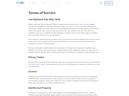 Screenshot of the Terms of Service page from the Alto website.