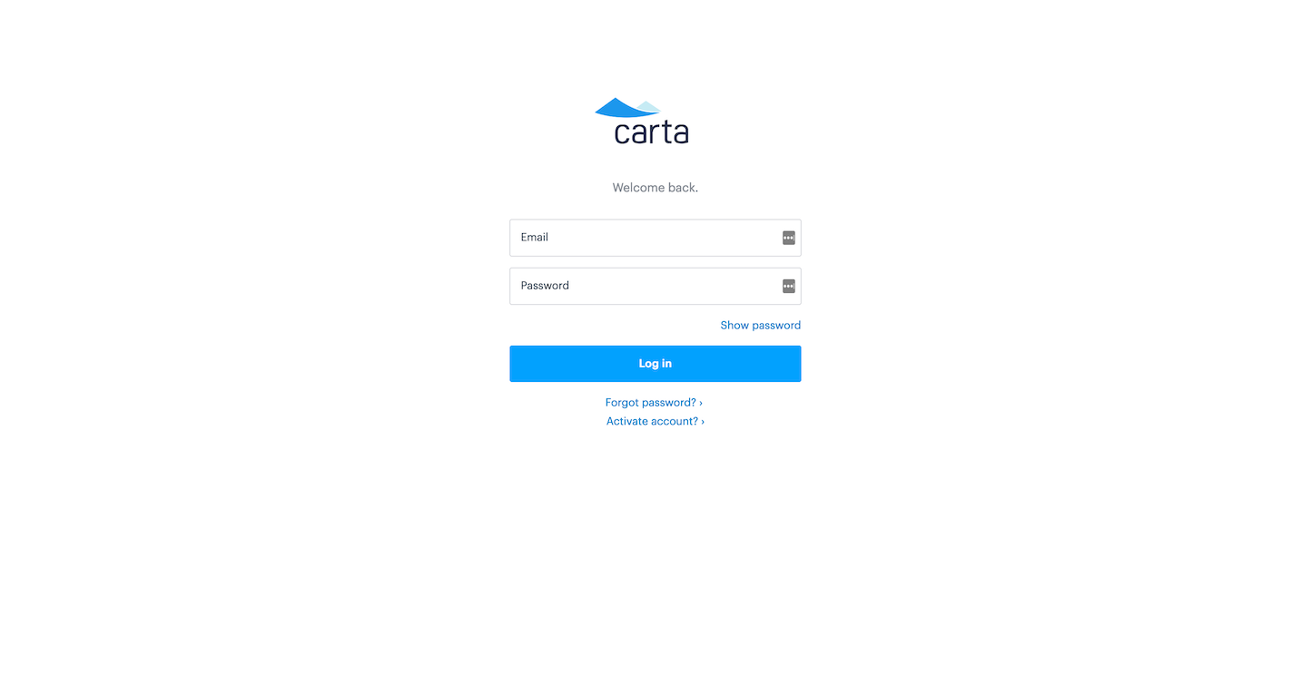 Screenshot of the Login page from the Carta website.