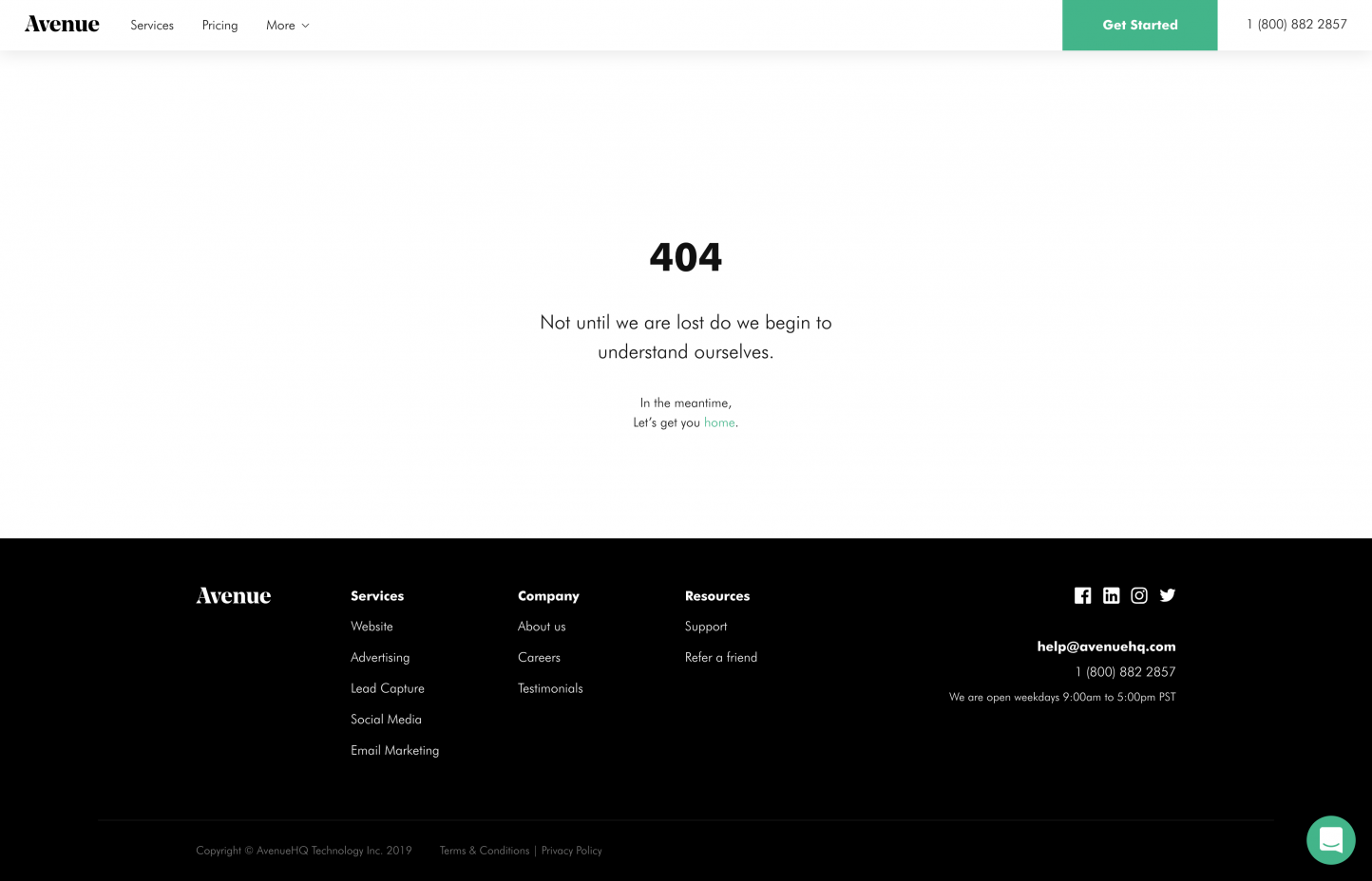 Screenshot of the 404 page from the Avenue website.