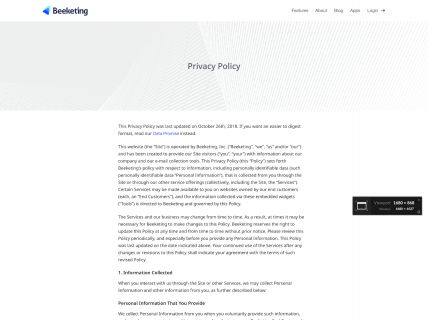 Screenshot of the Privacy Policy page from the Beeketing website.