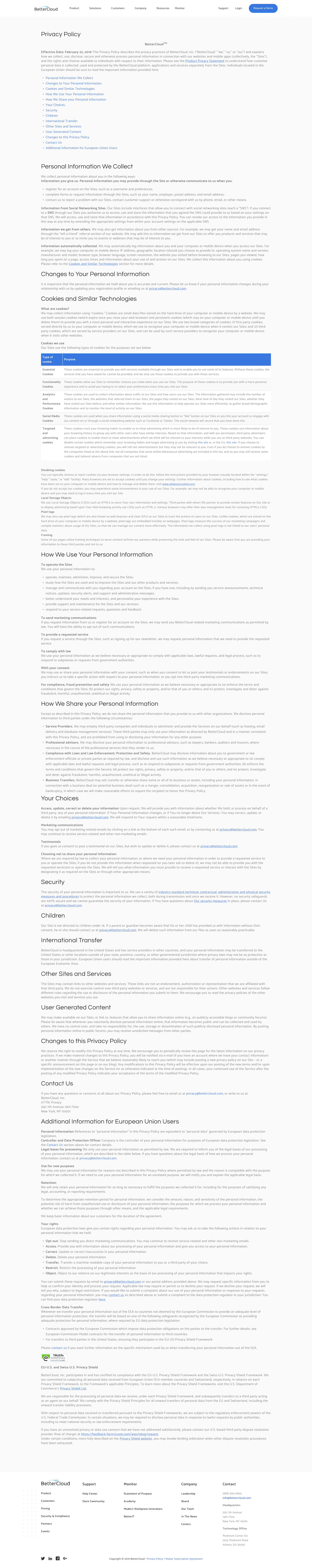 Screenshot of the Privacy Policy page from the Better Cloud website.