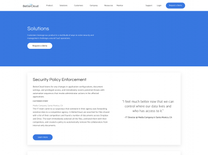 Screenshot of the Solutions page from the Better Cloud website.