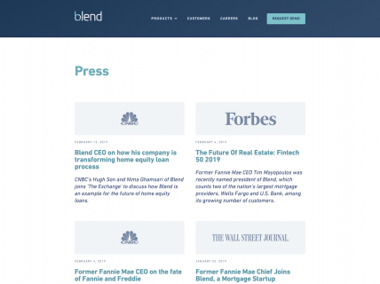 Screenshot of the Press page from the Blend website.