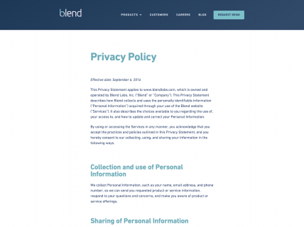 Screenshot of the Privacy Policy page from the Blend website.
