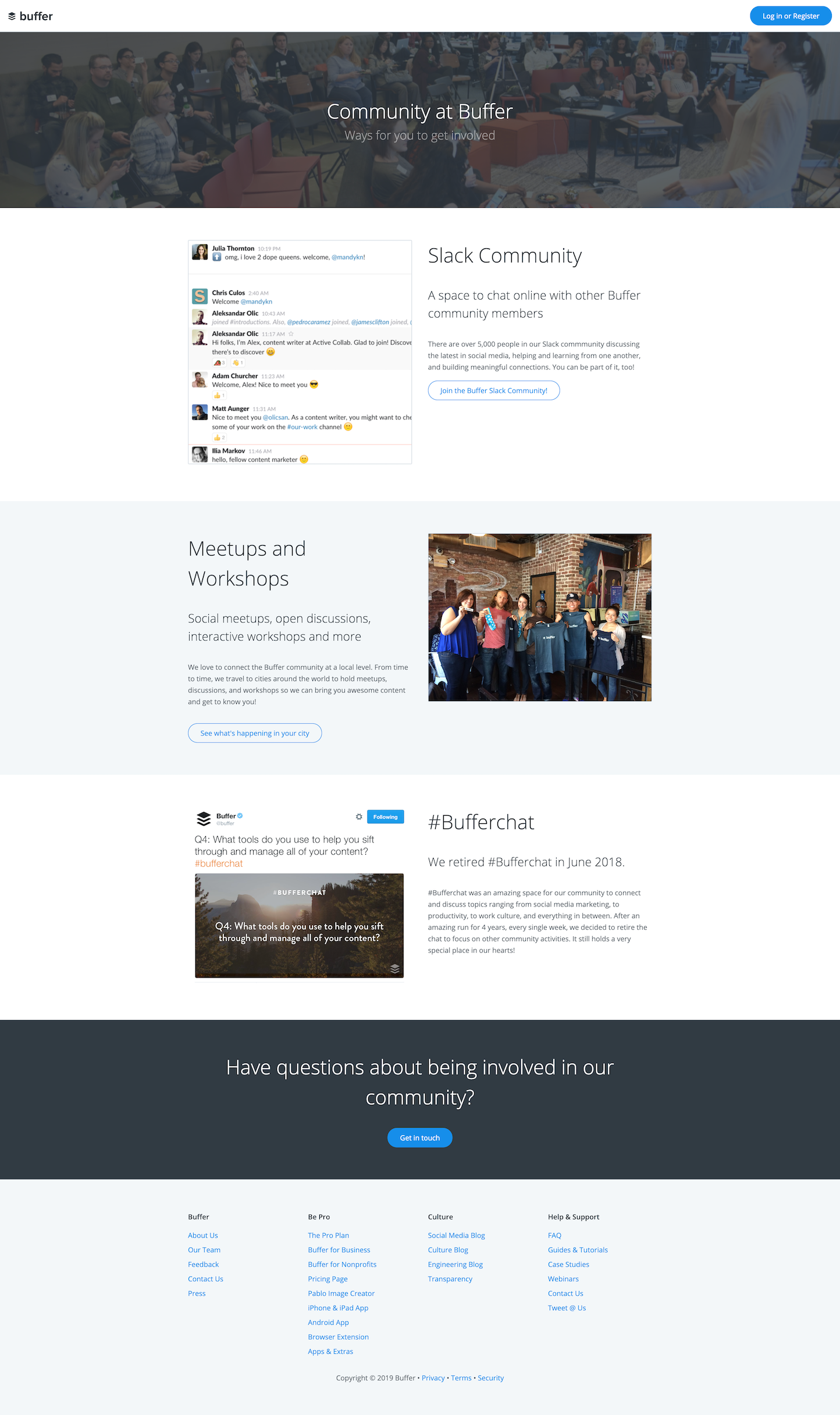 Screenshot of the Community page from the Buffer website.