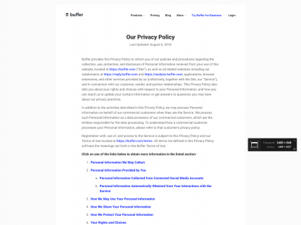 Screenshot of the Privacy Policy page from the Buffer website.