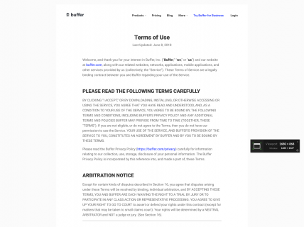 Screenshot of the Terms of Use page from the Buffer website.