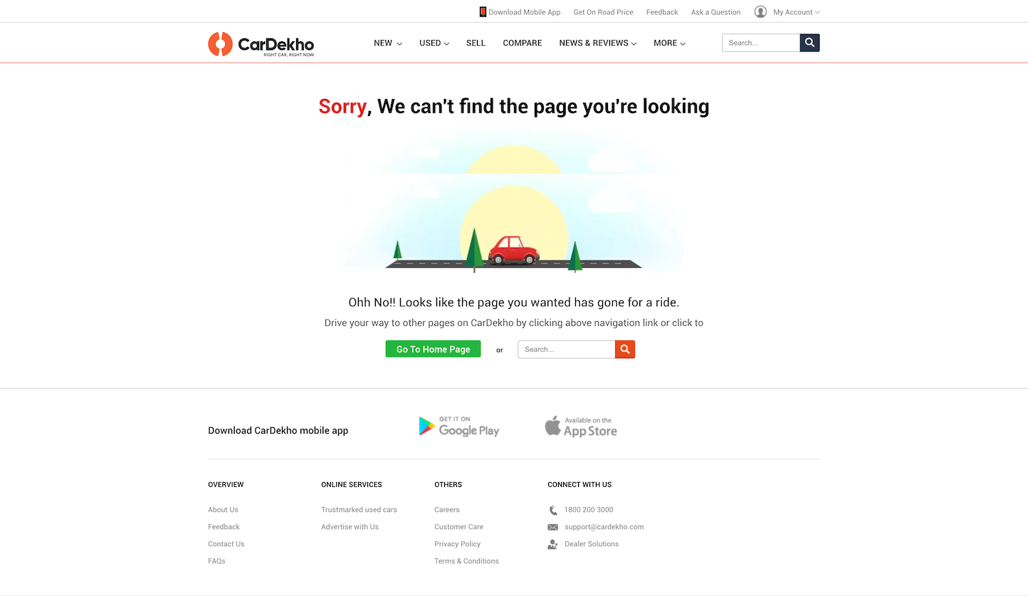 Screenshot of the 404 page from the Cardekho website.