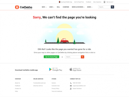 Screenshot of the 404 page from the Cardekho website.