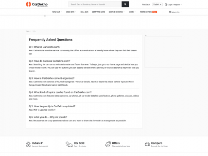Screenshot of the FAQs page from the Cardekho website.