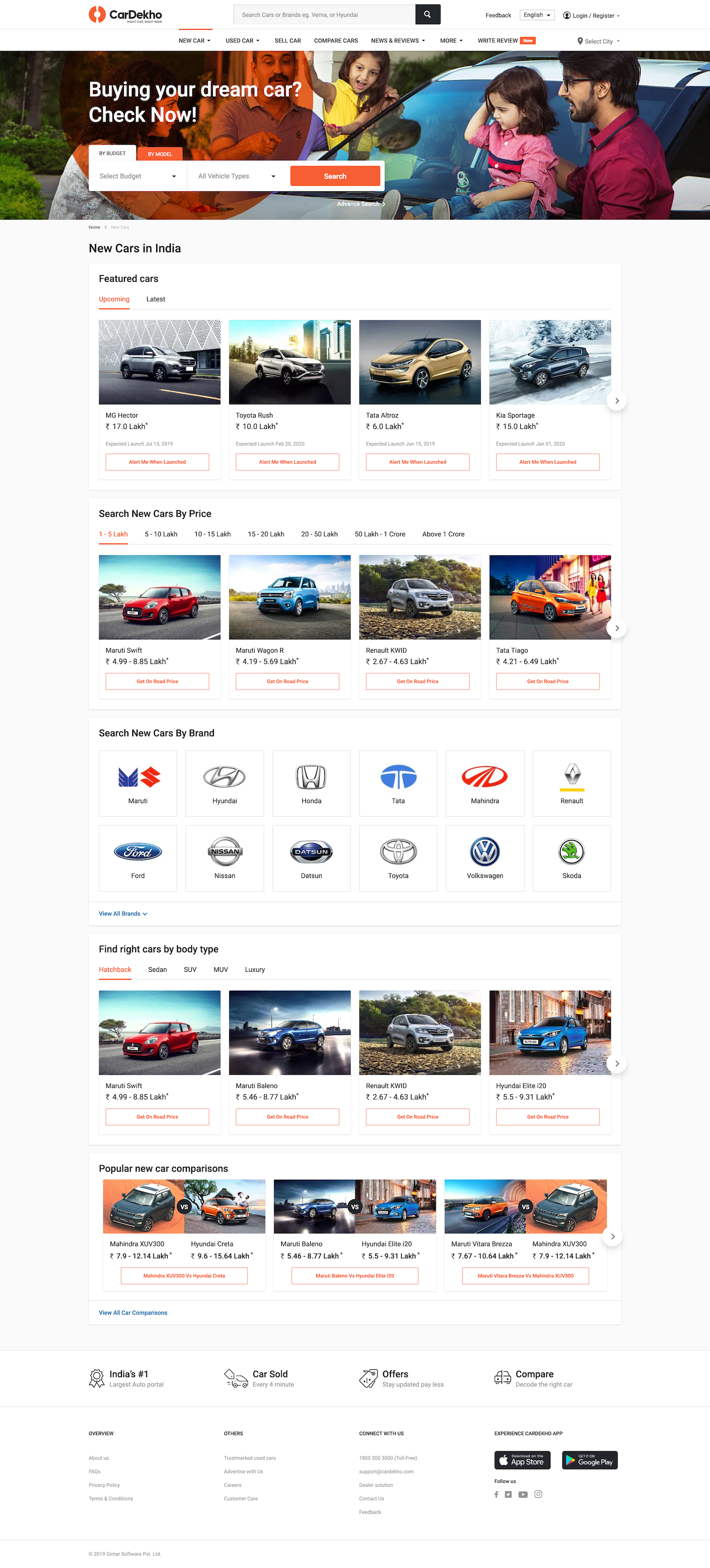 Screenshot of the New Cars page from the Cardekho website.