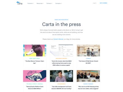 Screenshot of the Press page from the Carta website.