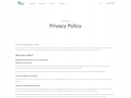 Screenshot of the Privacy Policy page from the Carta website.