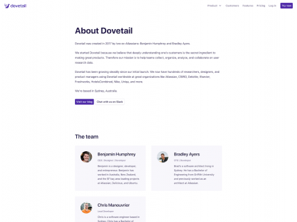 Screenshot of the About page from the Dovetail website.