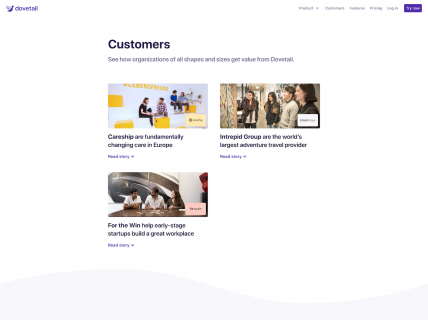 Screenshot of the Customers page from the Dovetail website.